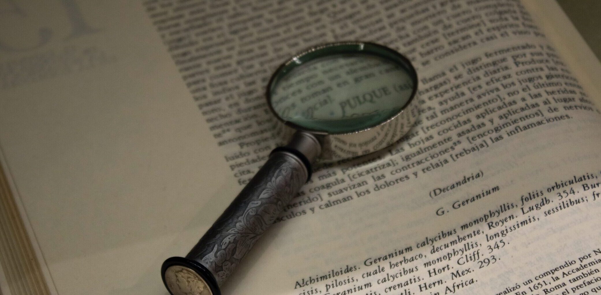 Magnifying glass placed over a book with Spanish text.